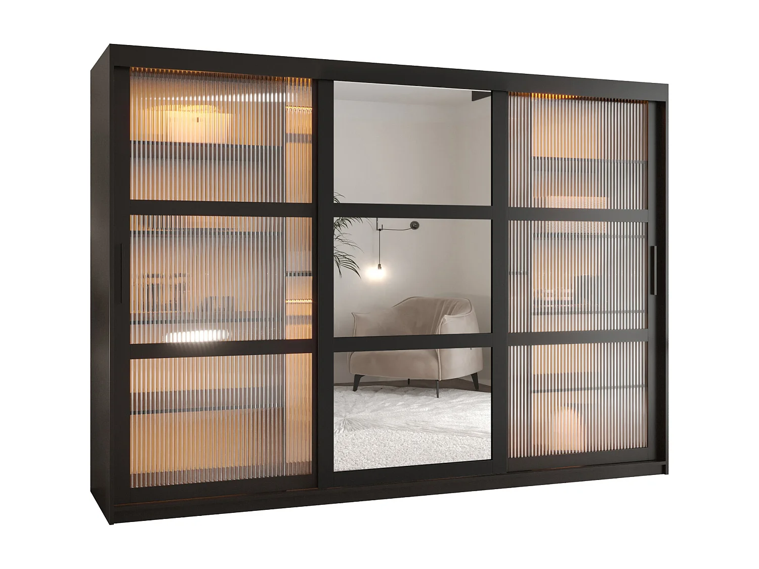 SCHWEBETÜRENSCHRANK FLUTES 2 200/250/62 3-türig (Schwarz)