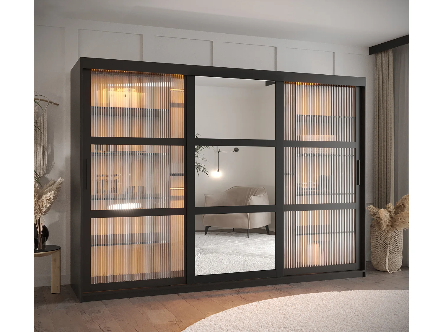 SCHWEBETÜRENSCHRANK FLUTES 2 200/250/62 3-türig (Schwarz)