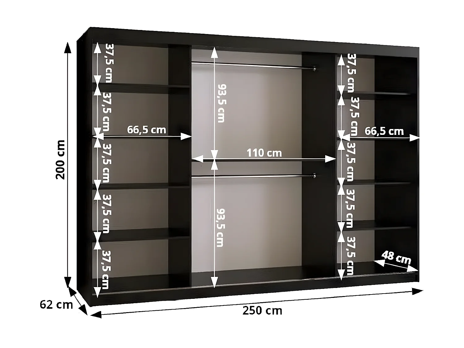 SCHWEBETÜRENSCHRANK FLUTES 2 200/250/62 3-türig (Schwarz)