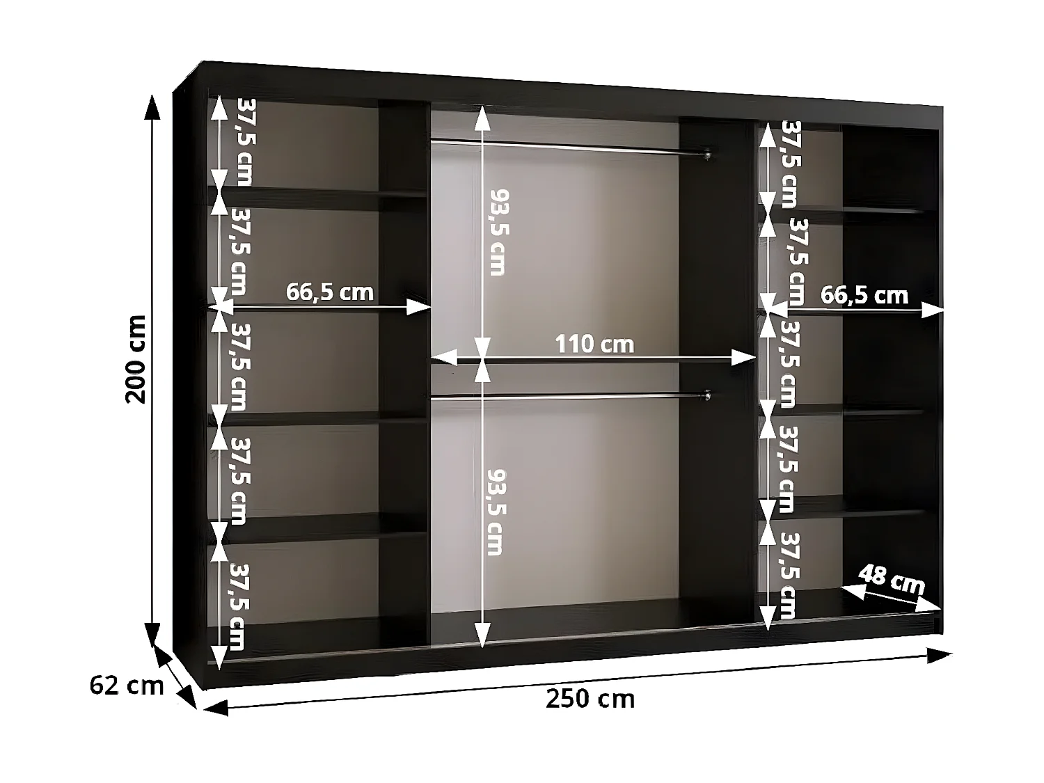 ARMOIRE MIROR 3 À PORTES COULISSANTES 200/250/62 3 Portes (negro)