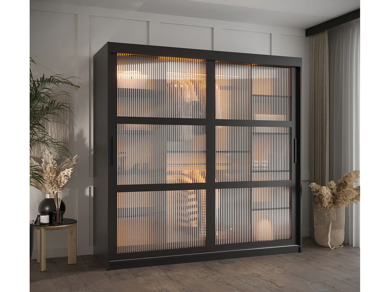 SCHWEBETÜRENSCHRANK FLUTES 200/180/62 2-türig (Schwarz)