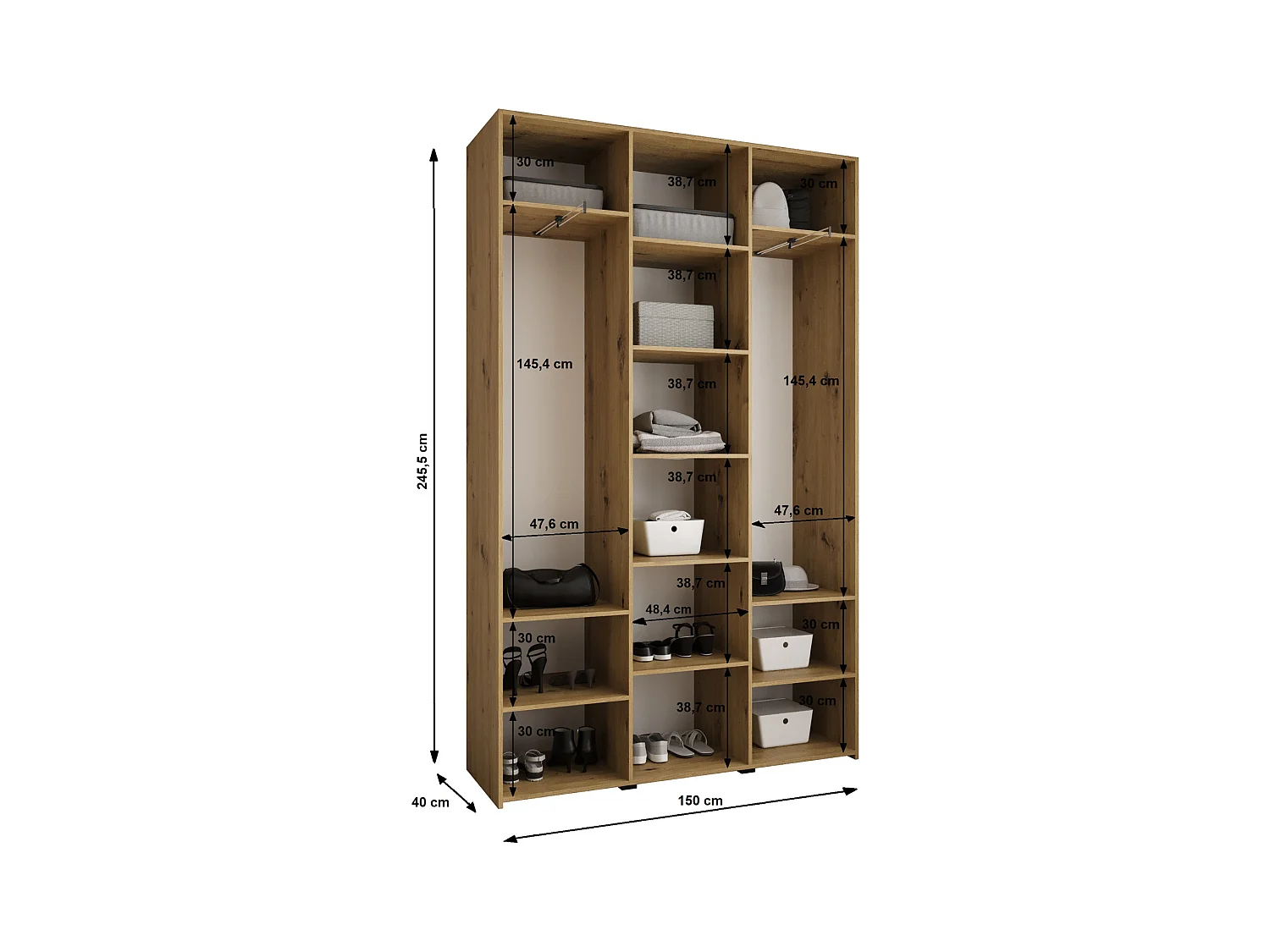Armadio Como 2 a ante battenti 245,5/150/40 3 porte (bianco/nero)