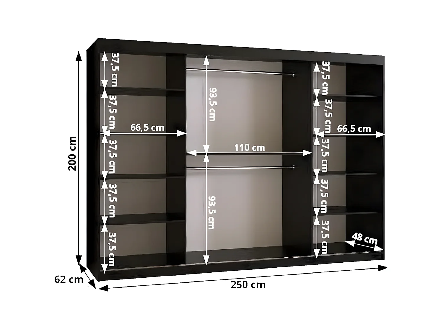 FLUTES 3 KLEDINGKAST MET SCHUIFDEUREN 200/250/62 3 deuren (zwart)