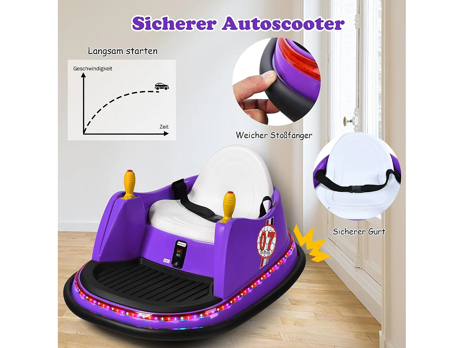 Voiture Auto Tamponneuse Électrique 6V pour Enfants 2-5 Ans avec Télécommande Effet Sonore et Lumineux 57x75x42cm Violet