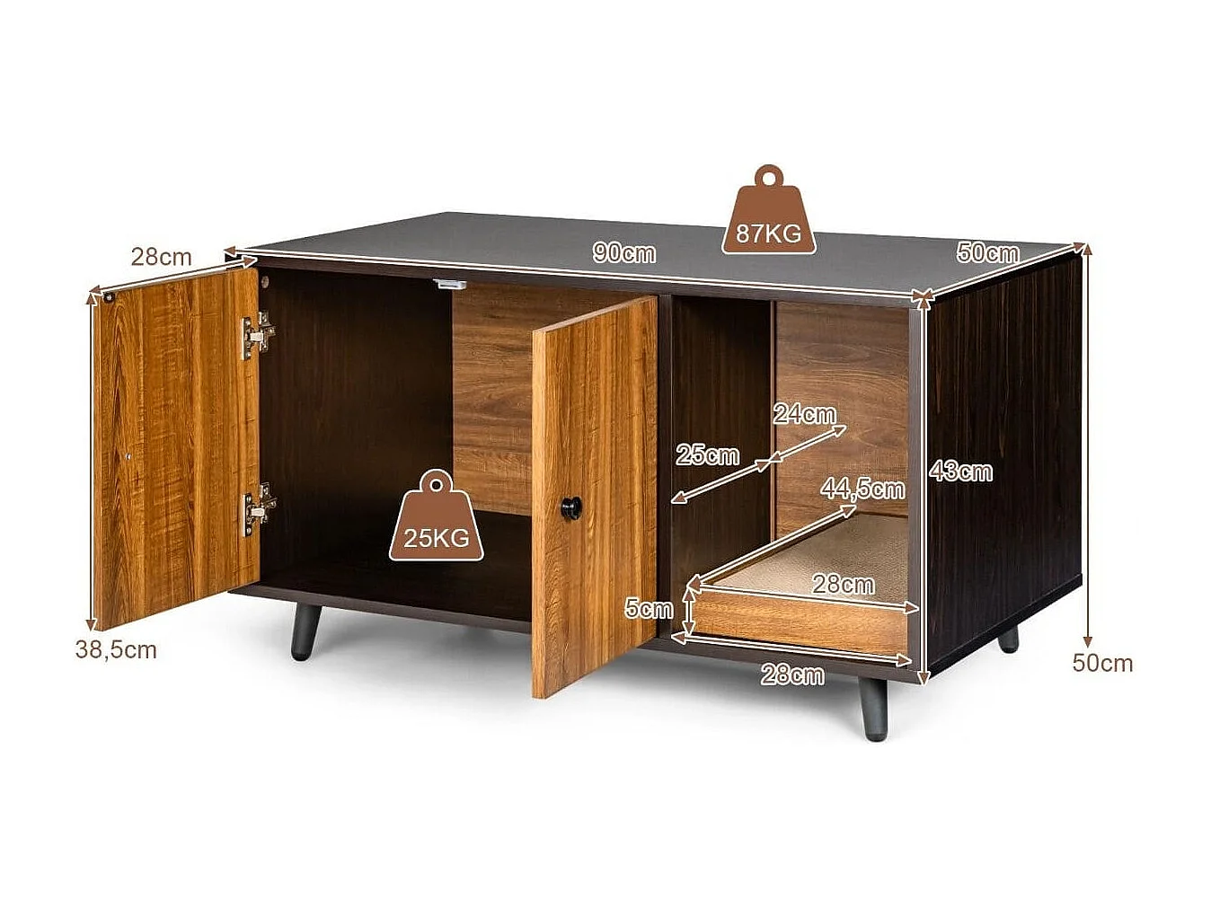 Maison de Toilette pour Chats 90 x 50 x 50 cm Meuble Literie Chat avec 2 Portes avec Planche à Gratter