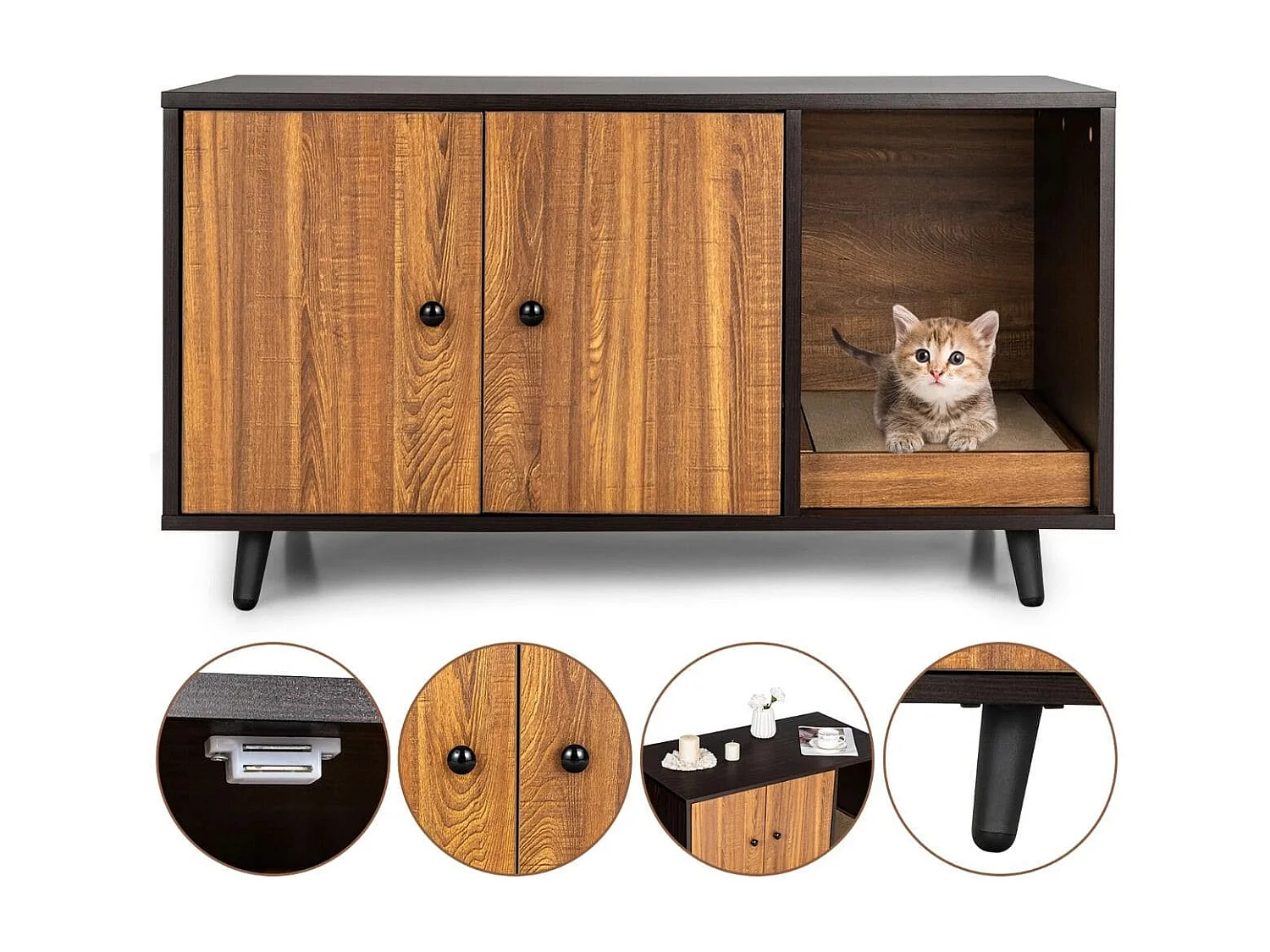 Maison de Toilette pour Chats 90 x 50 x 50 cm Meuble Literie Chat avec 2 Portes avec Planche à Gratter