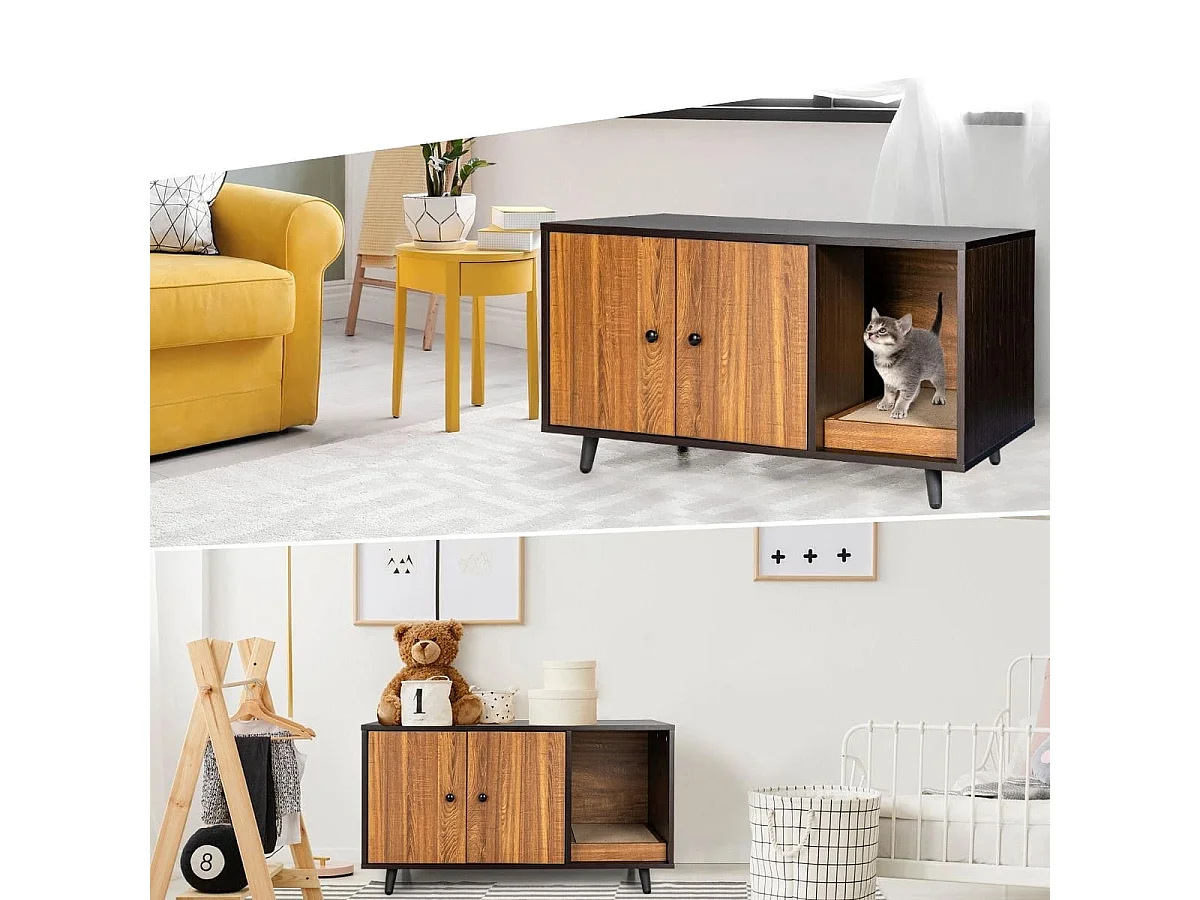 Maison de Toilette pour Chats 90 x 50 x 50 cm Meuble Literie Chat avec 2 Portes avec Planche à Gratter