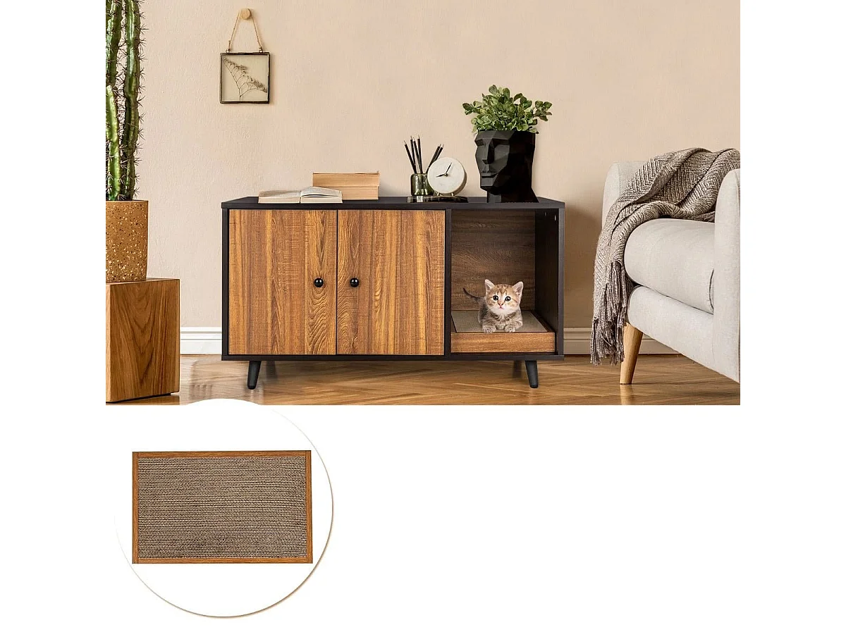 Maison de Toilette pour Chats 90 x 50 x 50 cm Meuble Literie Chat avec 2 Portes avec Planche à Gratter