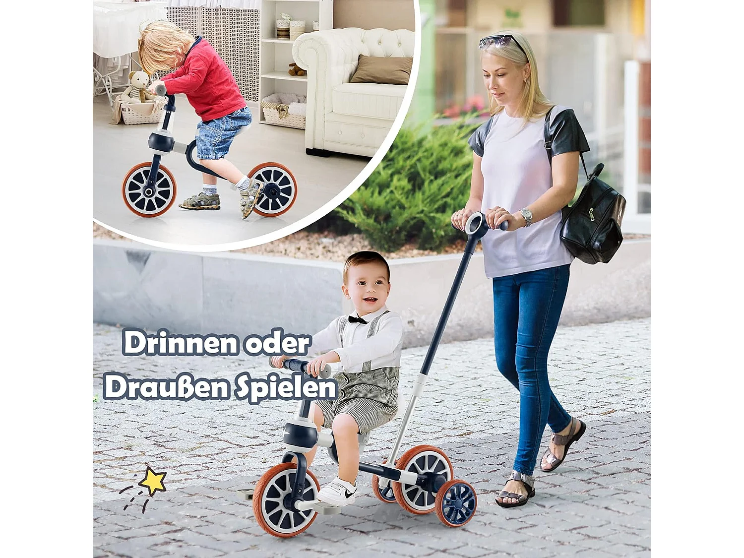 4 in 1 Kinder Dreirad & Laufrad & Balance Bike & Schiebeauto mit verstellbarem Schiebegriff und abnehmbaren Pedalen,für Kinder im Alter von 2-4 Jahren FE32292