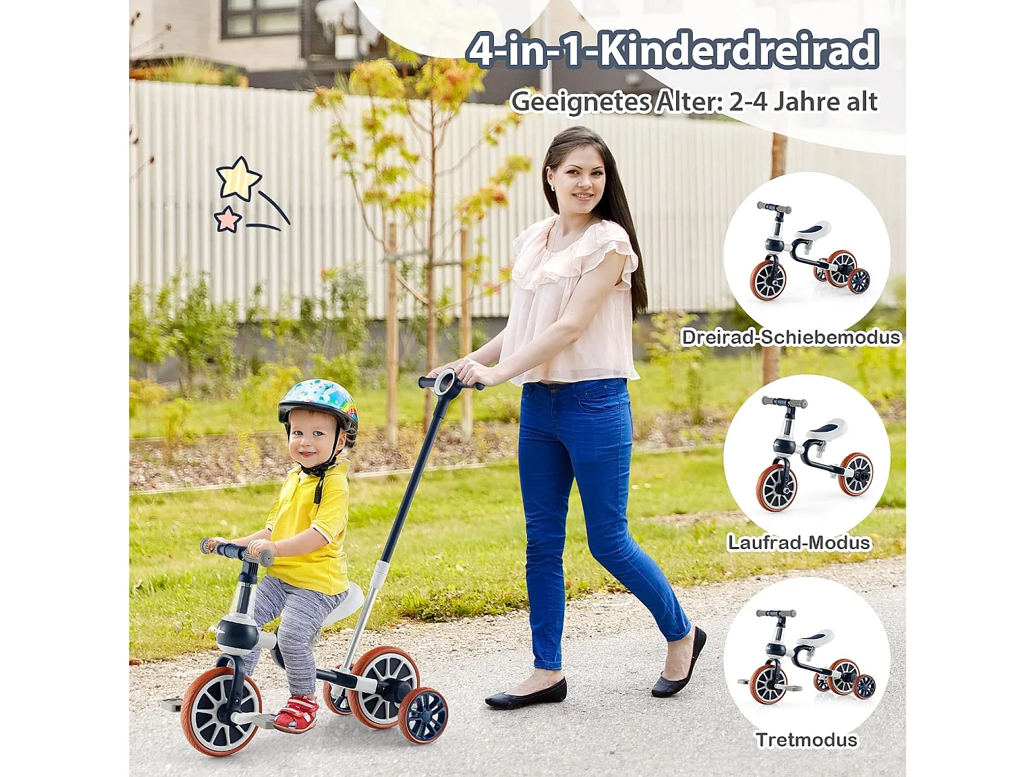 4 in 1 Kinder Dreirad & Laufrad & Balance Bike & Schiebeauto mit verstellbarem Schiebegriff und abnehmbaren Pedalen,für Kinder im Alter von 2-4 Jahren FE32292