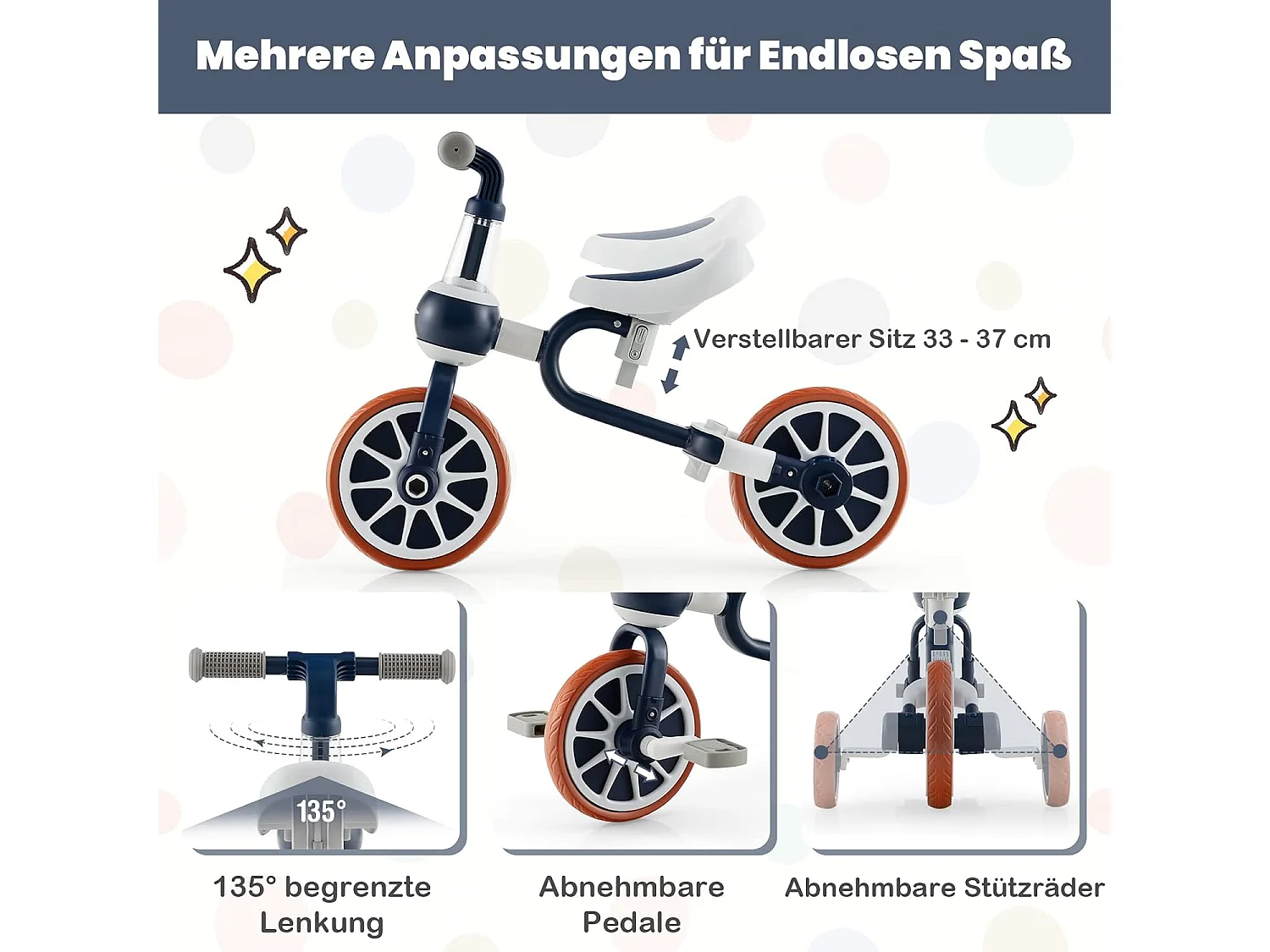 4 in 1 Kinder Dreirad & Laufrad & Balance Bike & Schiebeauto mit verstellbarem Schiebegriff und abnehmbaren Pedalen,für Kinder im Alter von 2-4 Jahren FE32292