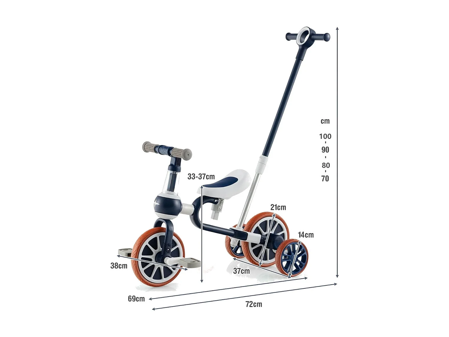 Kinderrad 4-in-1-Vorschulrad mit Eltern-Schiebegriff 37 x 72 x 101 cm Marine