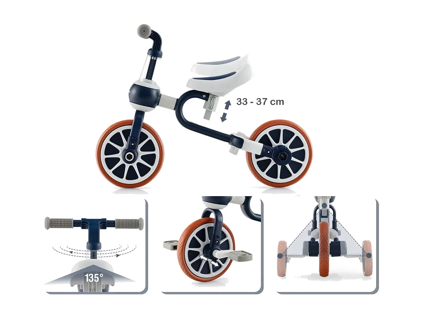 Kinderrad 4-in-1-Vorschulrad mit Eltern-Schiebegriff 37 x 72 x 101 cm Marine