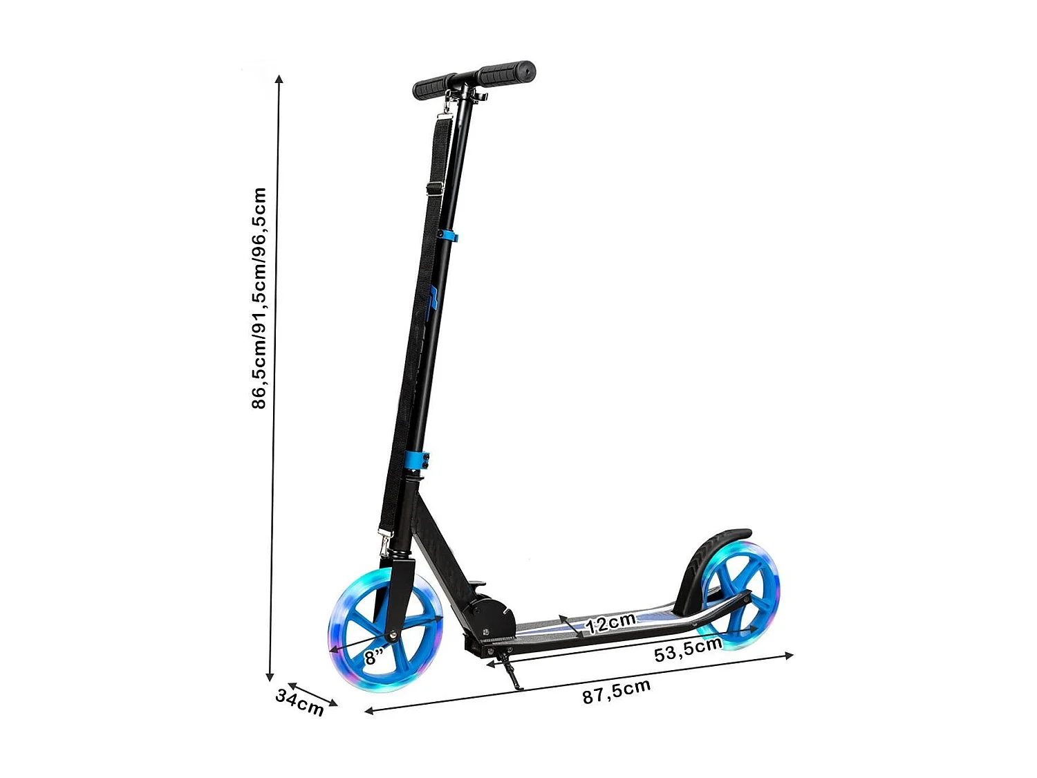 Monopattino con pedana in alluminio, Manubrio regolabile in 3 posizioni e cinghia, Blu