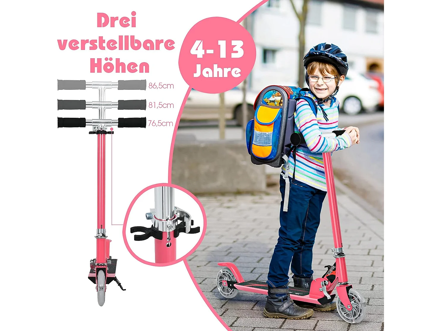 Kinder Roller mit LED Rädern, Kinder Scooter ab 4 Jahre, Cityroller höhenverstellbar, Kinder Kickscooter Tretroller für Junge und Mädchen EB2769