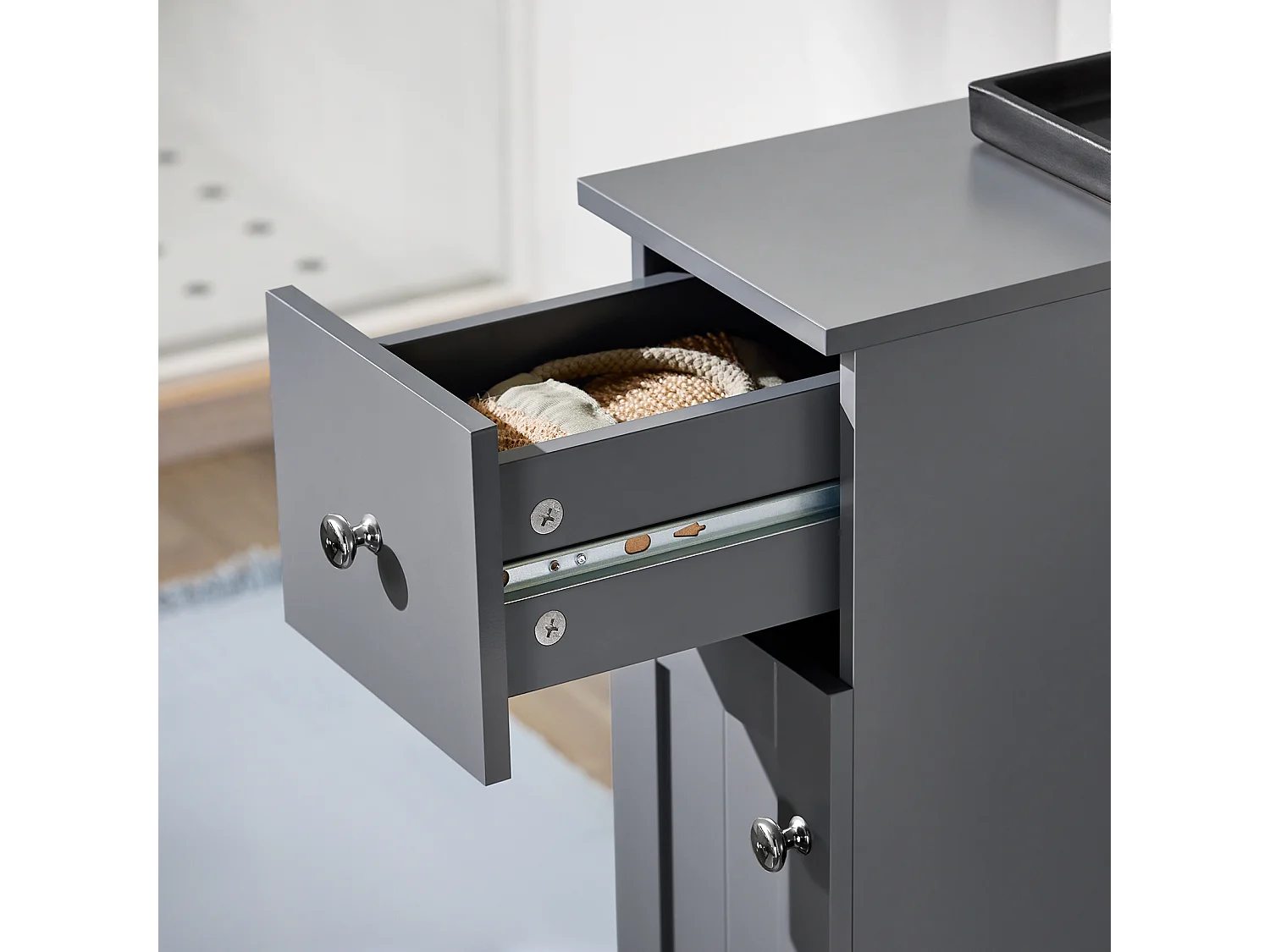 SoBuy BZR106-DG Meuble de Rangement Salle de Bain Étroit sur roulettes Support Papier Toilette Armoire Toilettes WC Compact Chariot de Stockage Polyvalente 1 tiroir