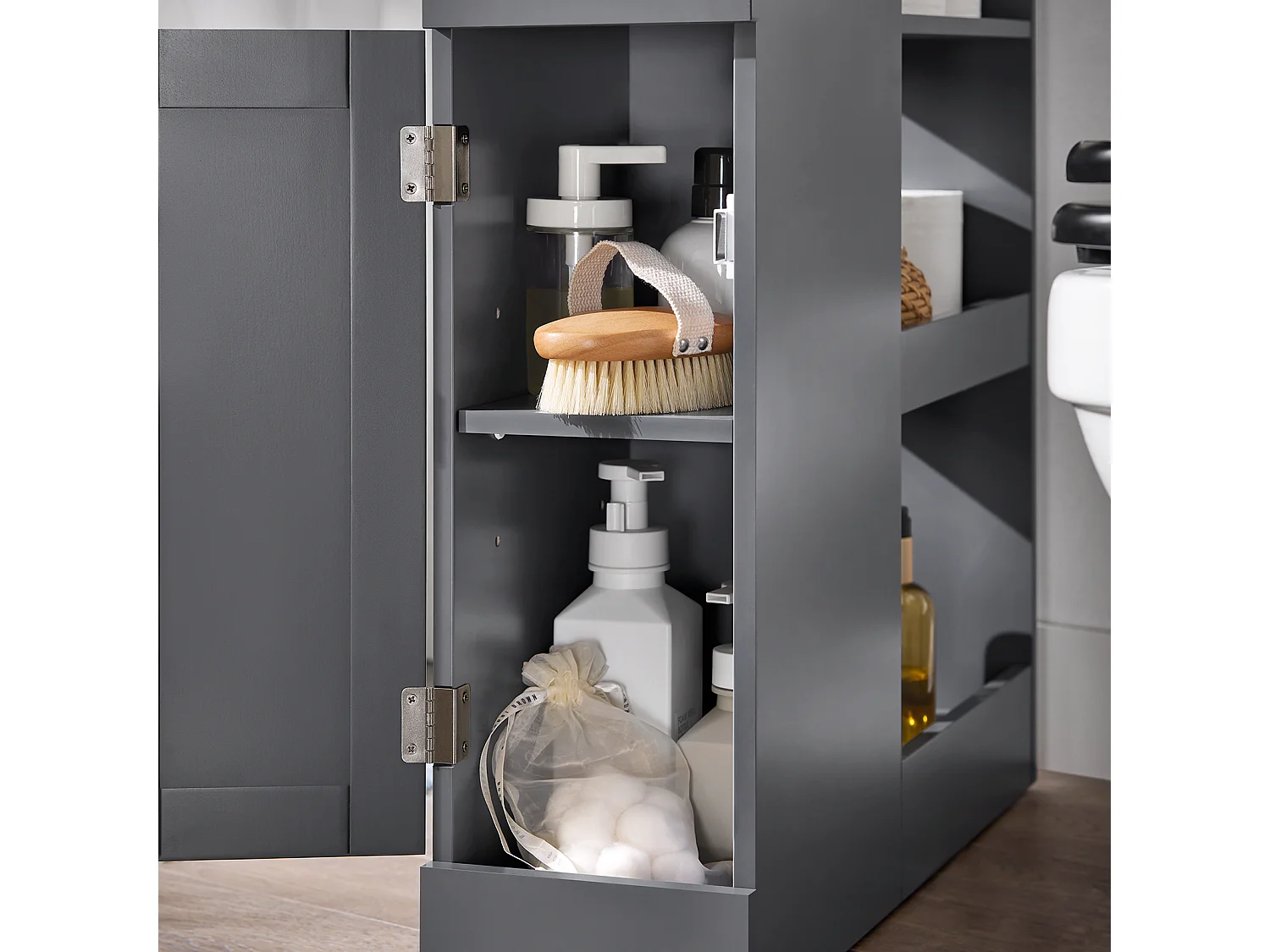 SoBuy BZR106-DG Meuble de Rangement Salle de Bain Étroit sur roulettes Support Papier Toilette Armoire Toilettes WC Compact Chariot de Stockage Polyvalente 1 tiroir