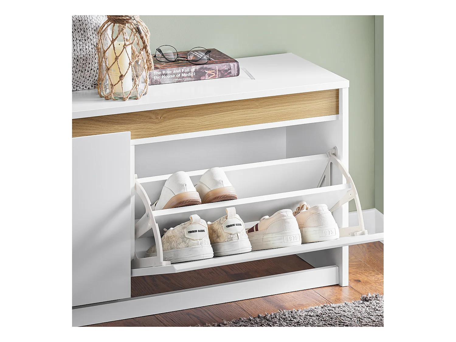 SoBuy FSR171-W Banc de Rangement à Chaussures 2 Abattants, Meuble d'Entrée, Meuble à Chaussures avec Un Compartiment Supérieur, pour Entrée, Salon, Chambre, Blanc