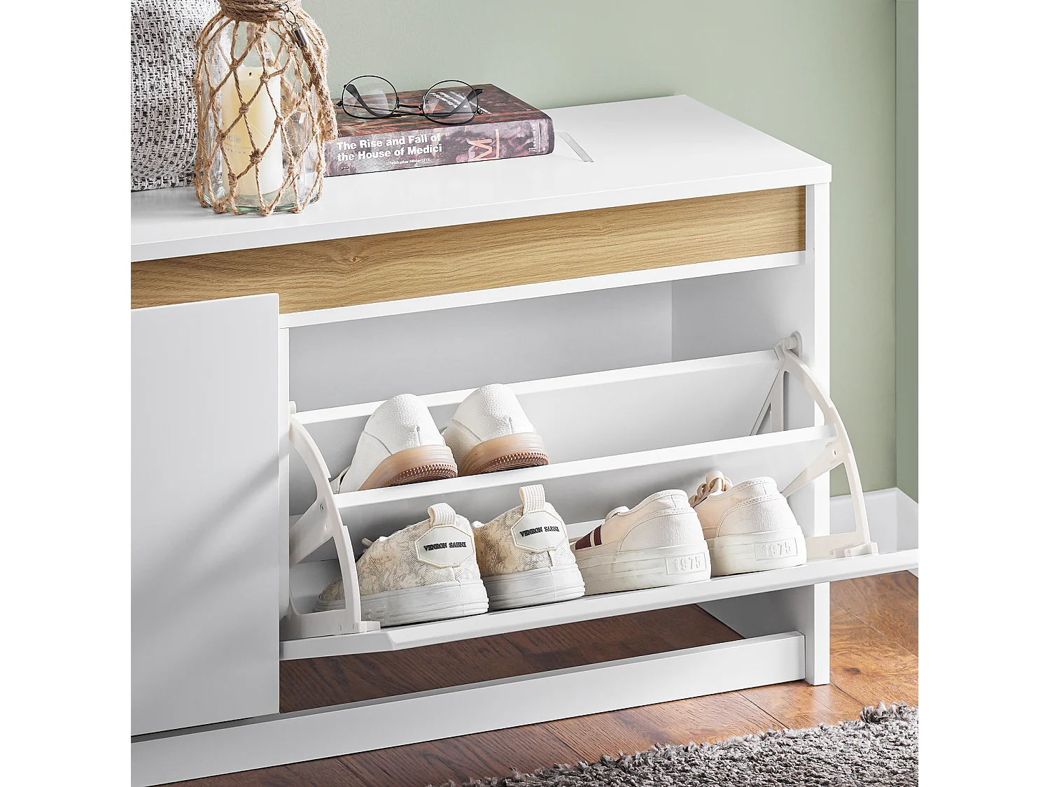 SoBuy FSR171-W Banc de Rangement à Chaussures 2 Abattants, Meuble d'Entrée, Meuble à Chaussures avec Un Compartiment Supérieur, pour Entrée, Salon, Chambre, Blanc