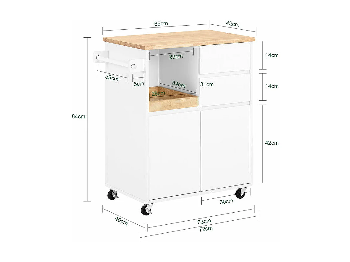 SoBuy Carrello cucina con 2 cassetti e 2 ante Carrello multiuso Bianco 72x40x84cm FKW123-WN