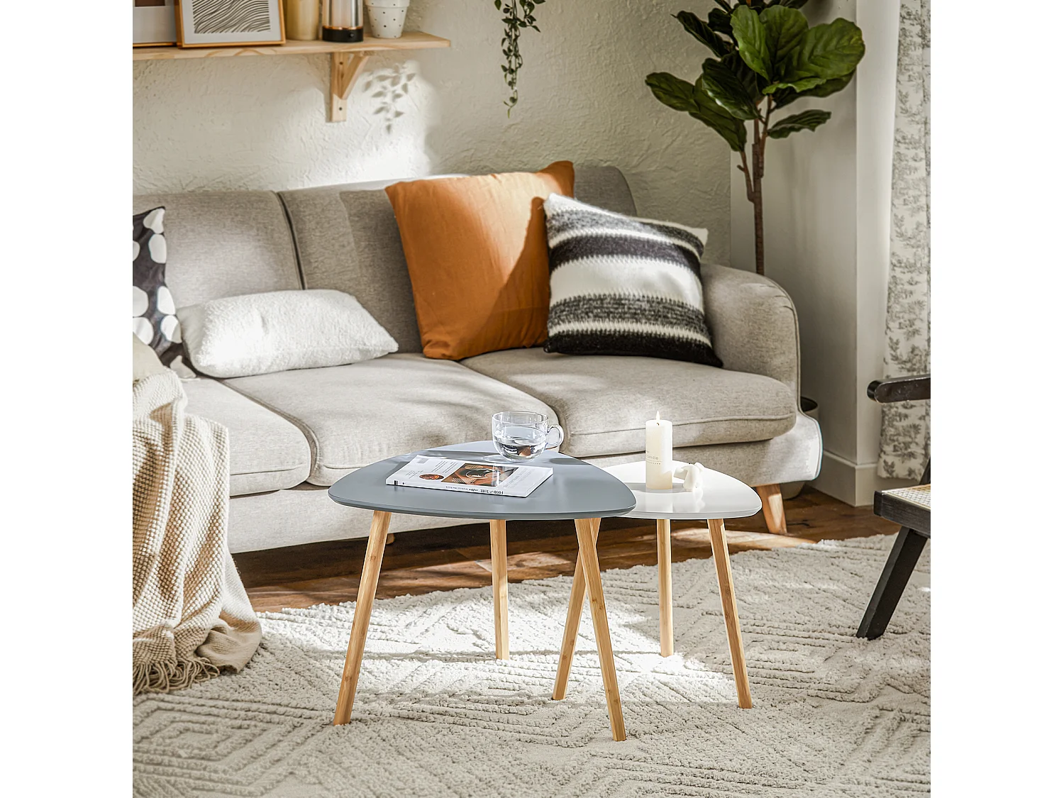 SoBuy FBT74-HG Bijzettafel, set van 2 bijzettafels met planken, salontafel,zettafel voor woonkamer, bamboe