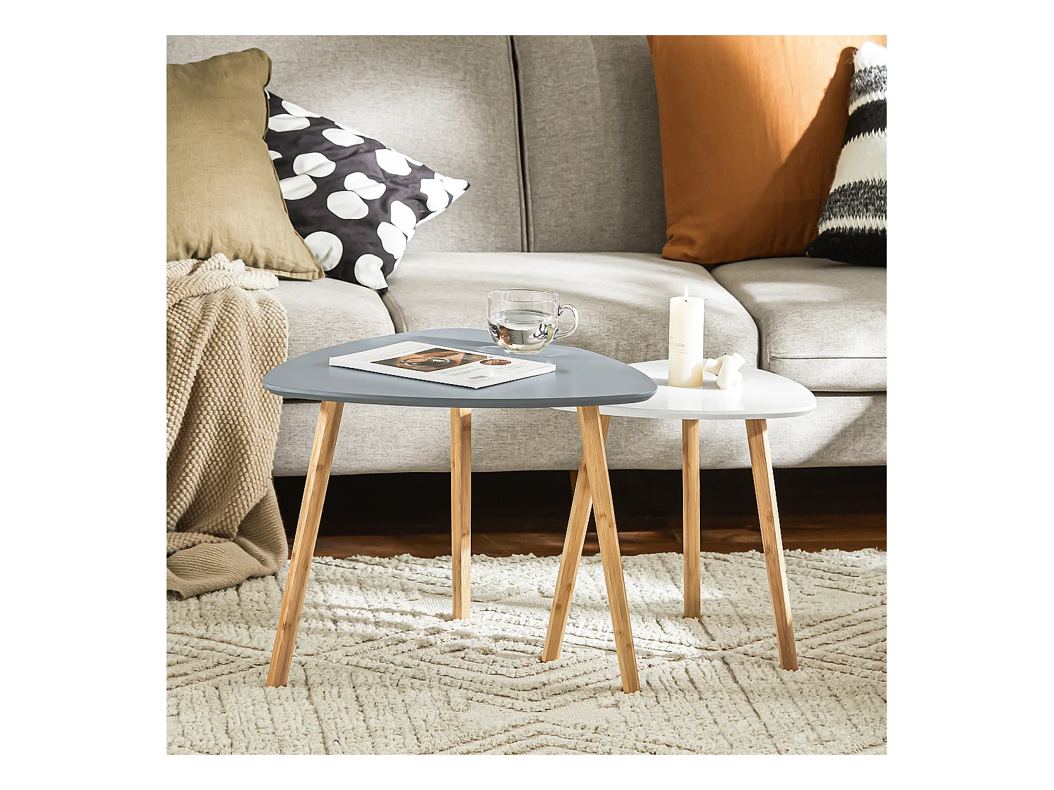 SoBuy FBT74-HG Bijzettafel, set van 2 bijzettafels met planken, salontafel,zettafel voor woonkamer, bamboe