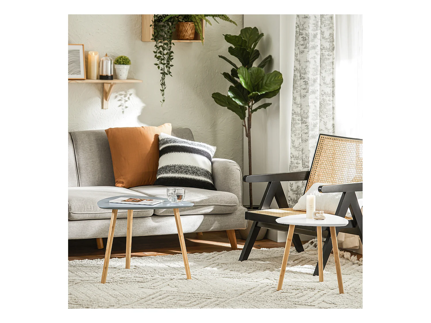 SoBuy FBT74-HG Bijzettafel, set van 2 bijzettafels met planken, salontafel,zettafel voor woonkamer, bamboe