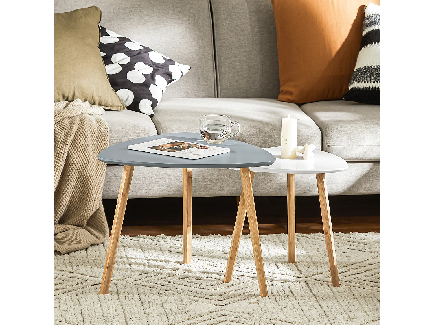 SoBuy FBT74-HG Bijzettafel, set van 2 bijzettafels met planken, salontafel,zettafel voor woonkamer, bamboe