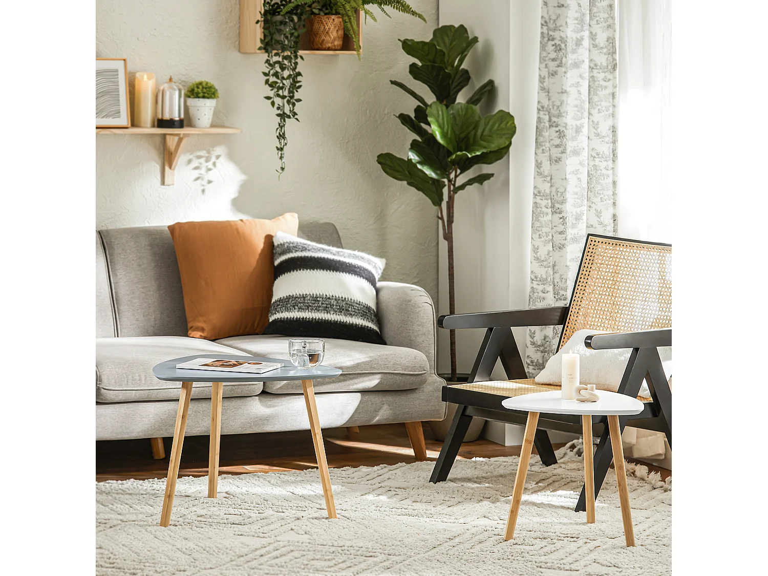 SoBuy FBT74-HG Bijzettafel, set van 2 bijzettafels met planken, salontafel,zettafel voor woonkamer, bamboe