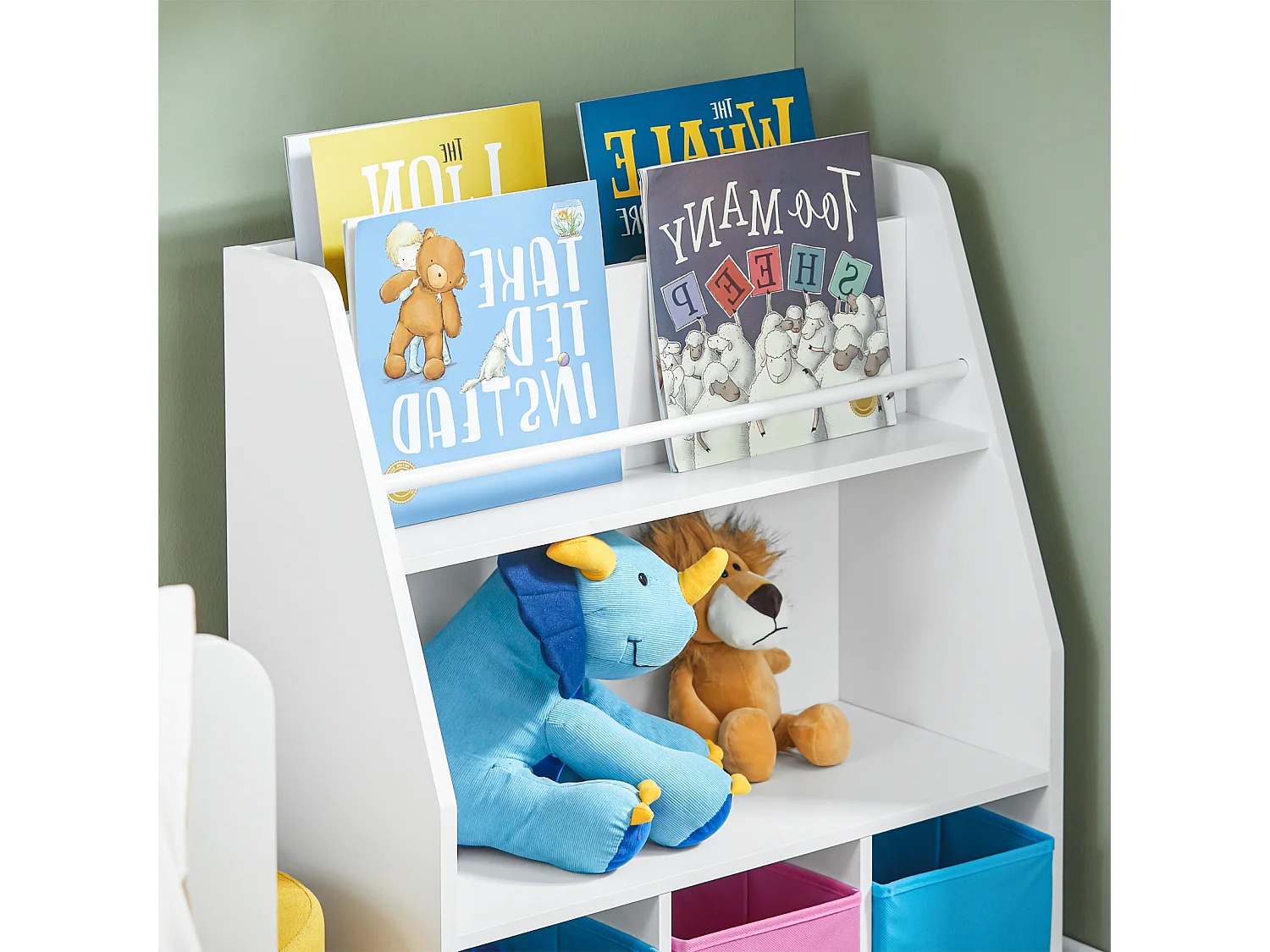 SoBuy KMB34-F Bibliothèque Étagère à Livres Étagère de Rangement Jouets pour Enfants Porte-revues avec Compartiments de Rangement et 3 Paniers 63x28x80 cm