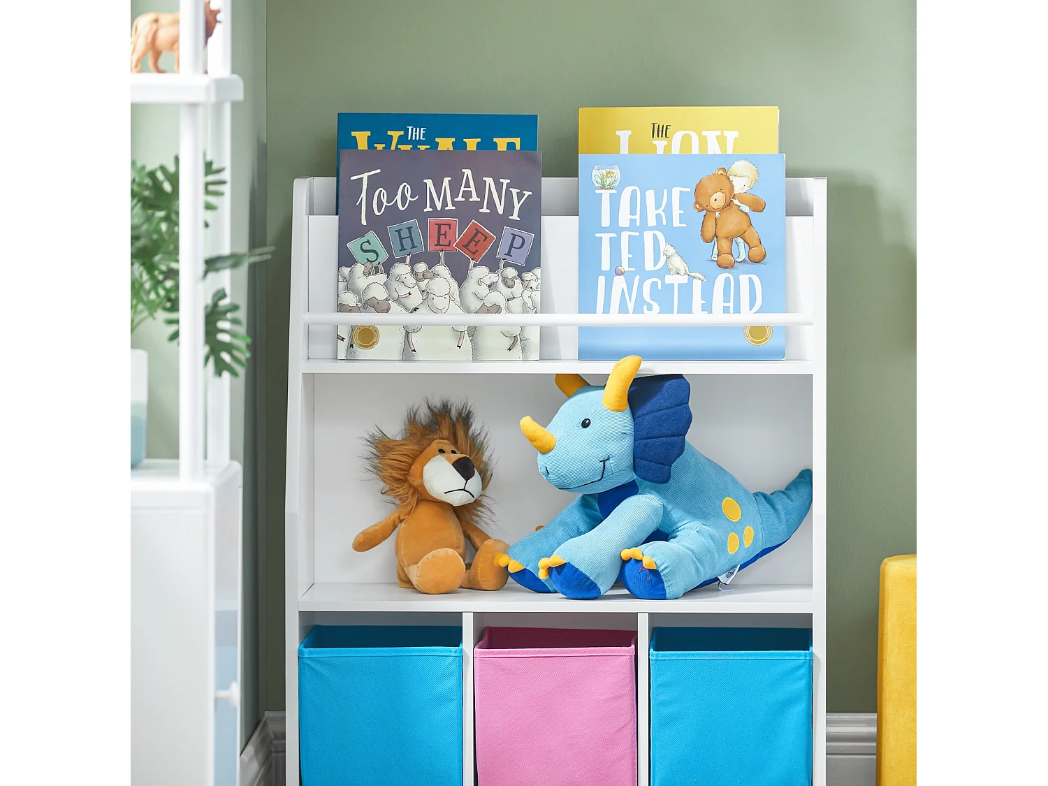 SoBuy KMB34-F Bibliothèque Étagère à Livres Étagère de Rangement Jouets pour Enfants Porte-revues avec Compartiments de Rangement et 3 Paniers 63x28x80 cm