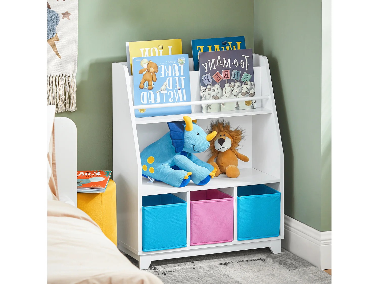 SoBuy KMB34-F Bibliothèque Étagère à Livres Étagère de Rangement Jouets pour Enfants Porte-revues avec Compartiments de Rangement et 3 Paniers 63x28x80 cm