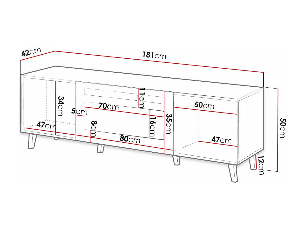 Meuble TV Remeta 107, Chêne wotan|Noir, Le nombre de portes: 2, 181x50x42cm