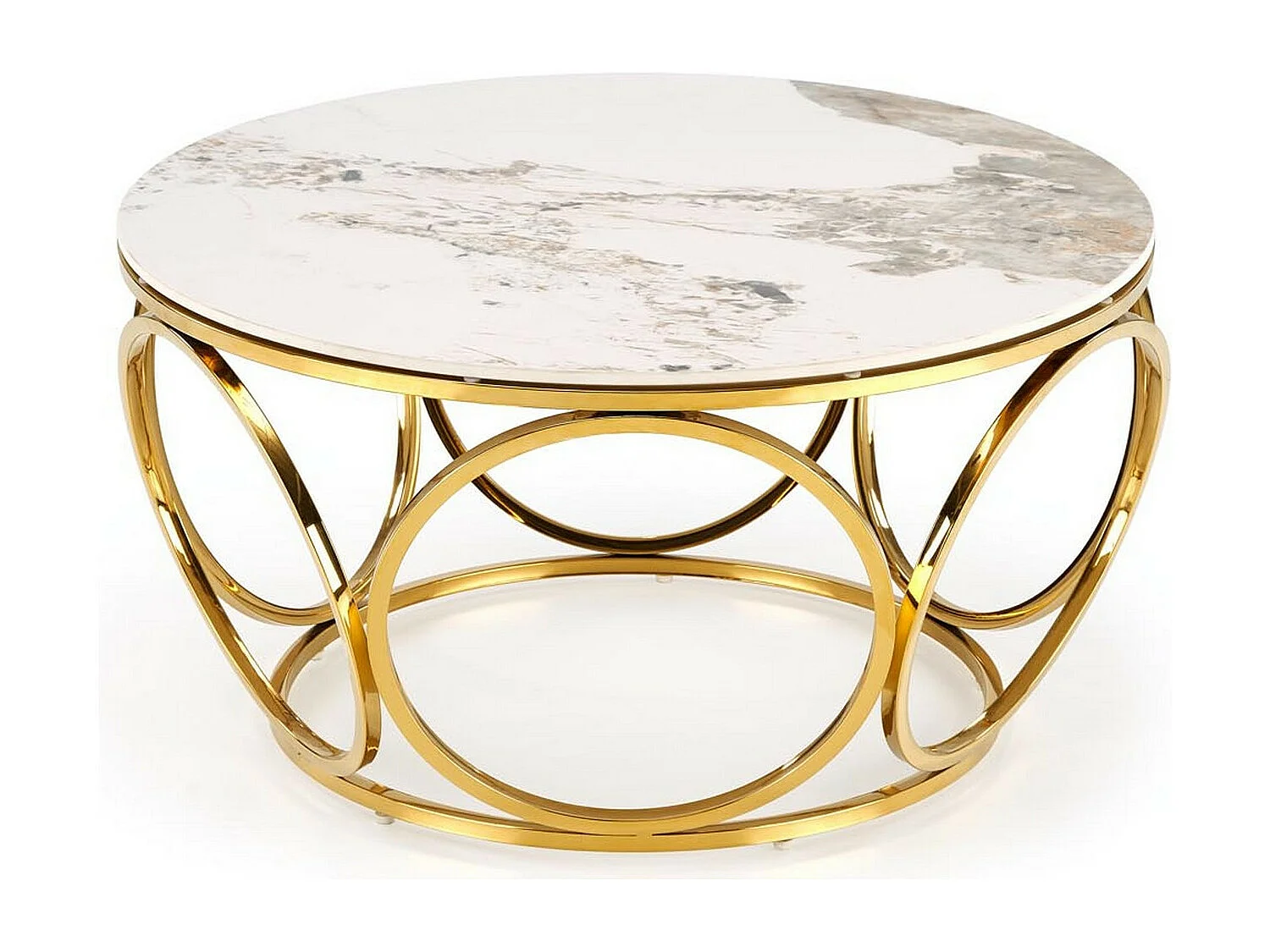 Mesa de centro redonda con tapa de mármol blanco y patas de oro lila