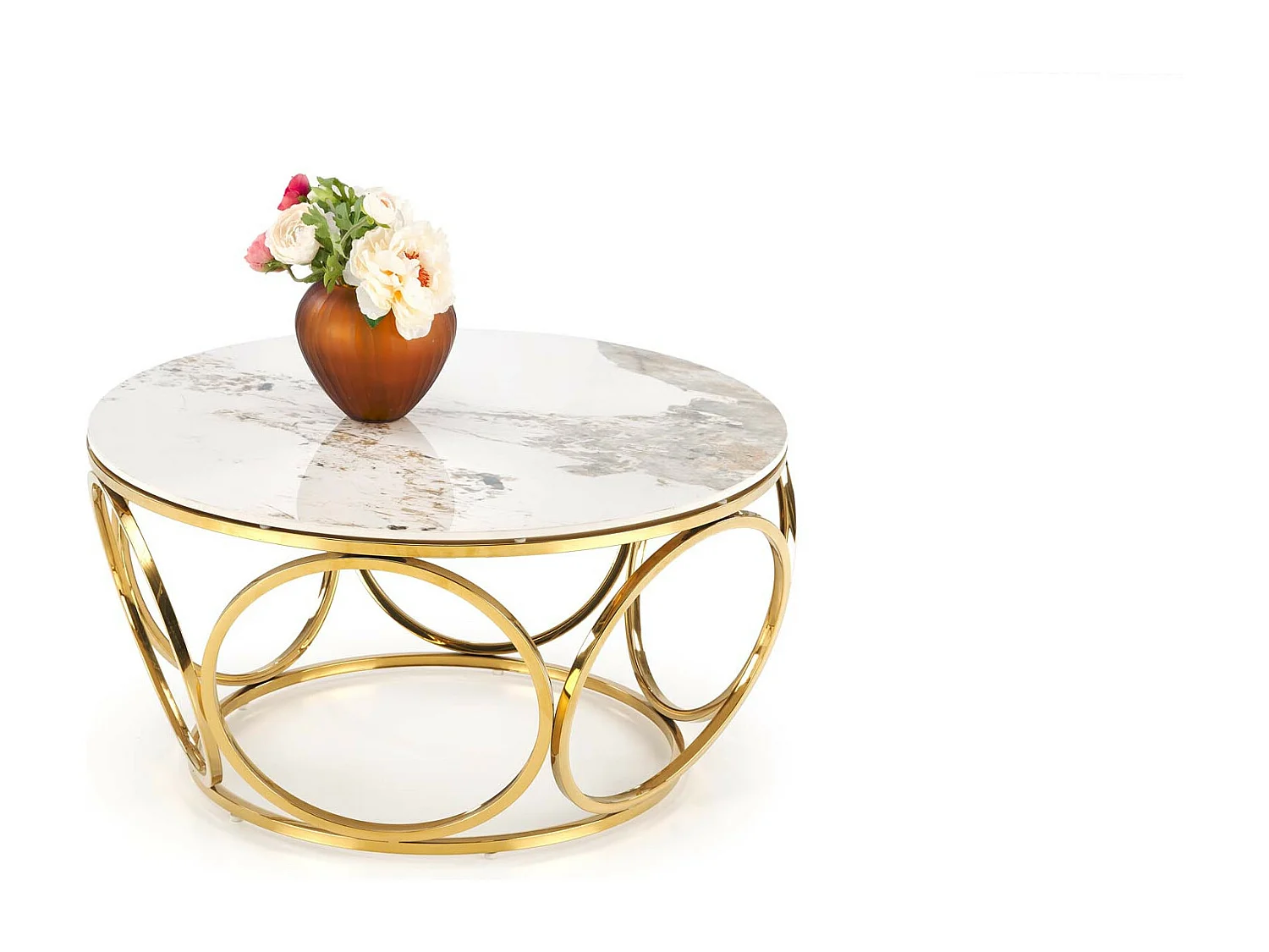 Mesa de centro redonda con tapa de mármol blanco y patas de oro lila