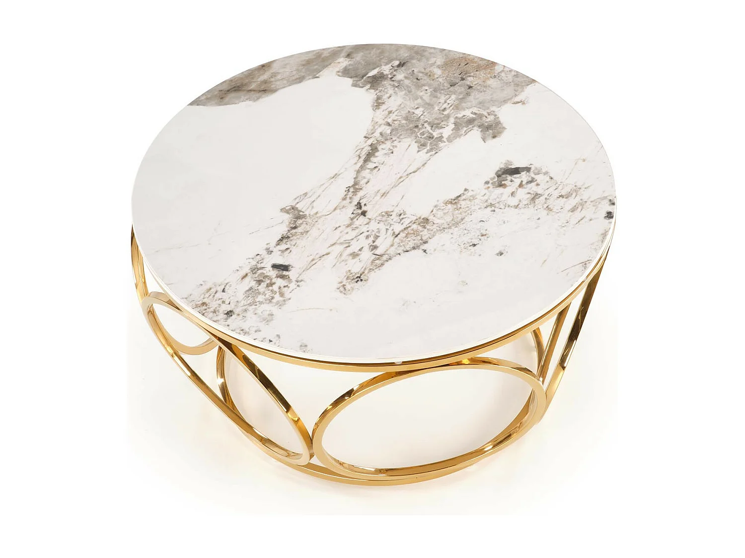 Mesa de centro redonda con tapa de mármol blanco y patas de oro lila