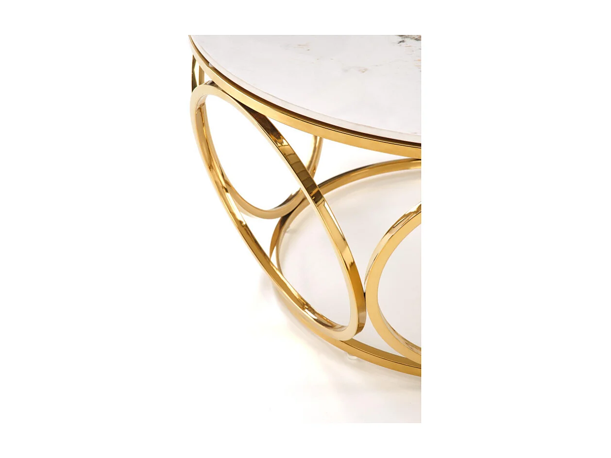 Mesa de centro redonda con tapa de mármol blanco y patas de oro lila