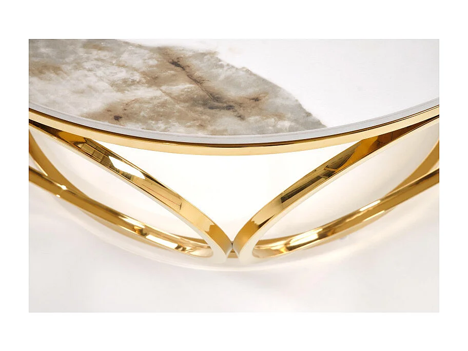 Mesa de centro redonda con tapa de mármol blanco y patas de oro lila