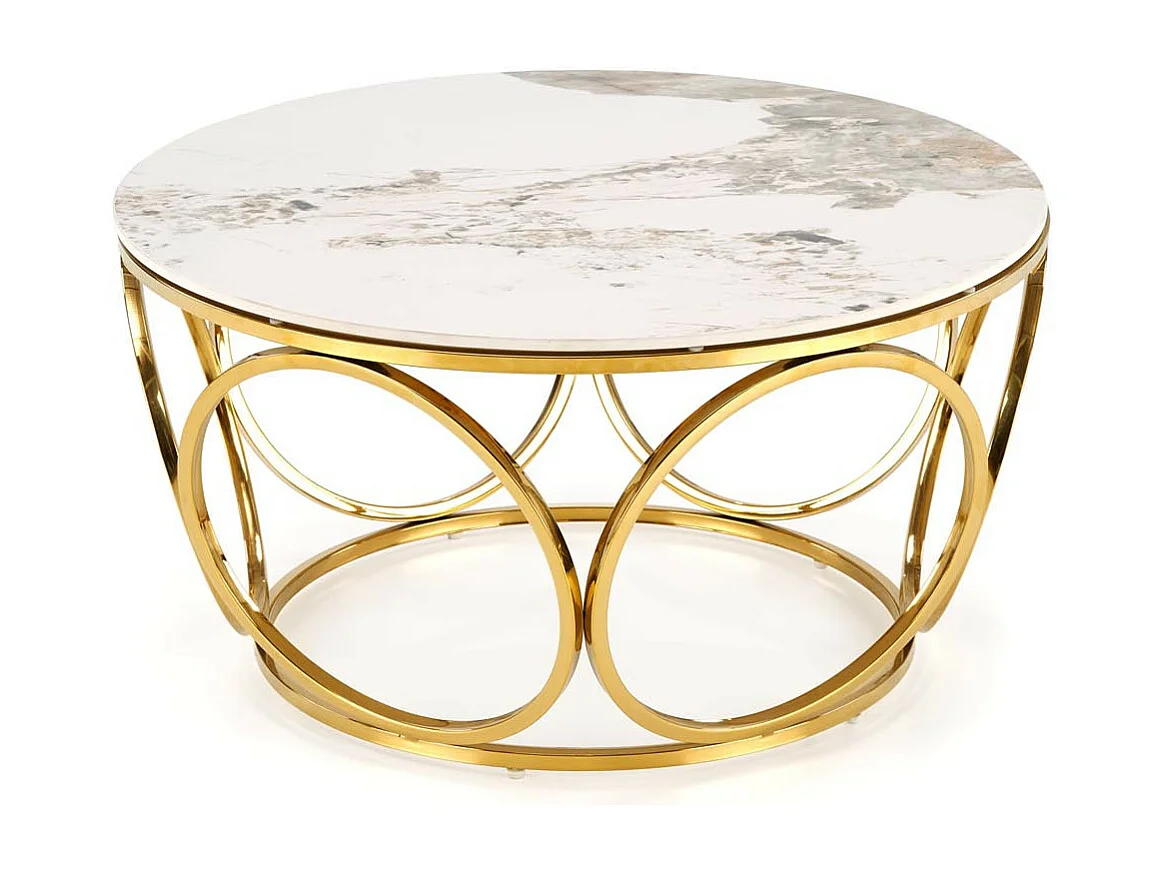 Mesa de centro redonda con tapa de mármol blanco y patas de oro lila