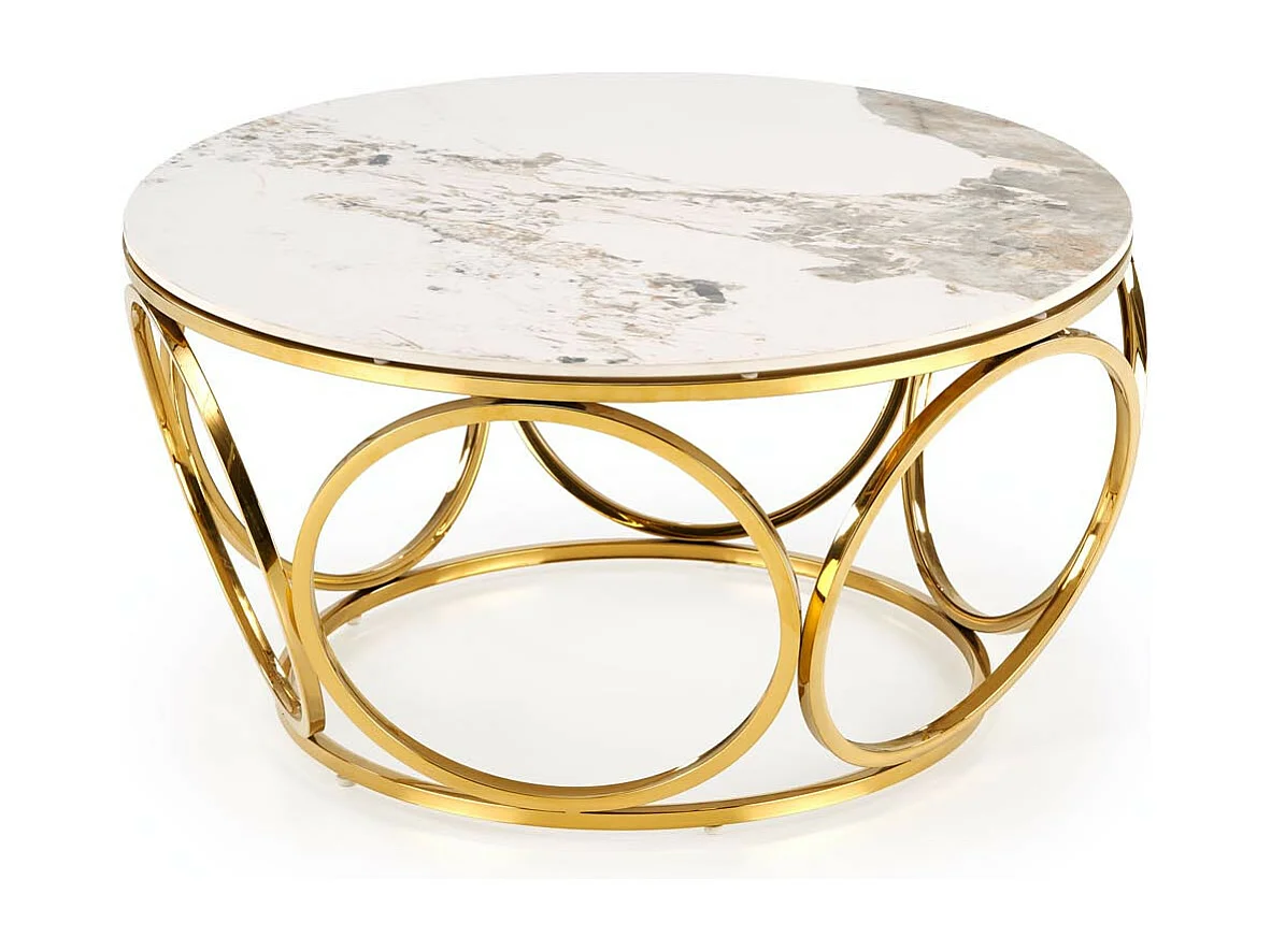 Mesa de centro redonda con tapa de mármol blanco y patas de oro lila