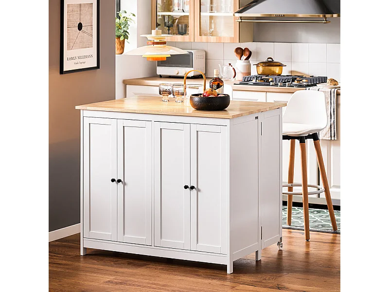 SoBuy Centraal keukeneiland met opbergruimte, dressoir, keukenkast met opklapbaar werkblad, 2 kasten, 4 deuren, 102x72x92 cm, wit KNL10-WN