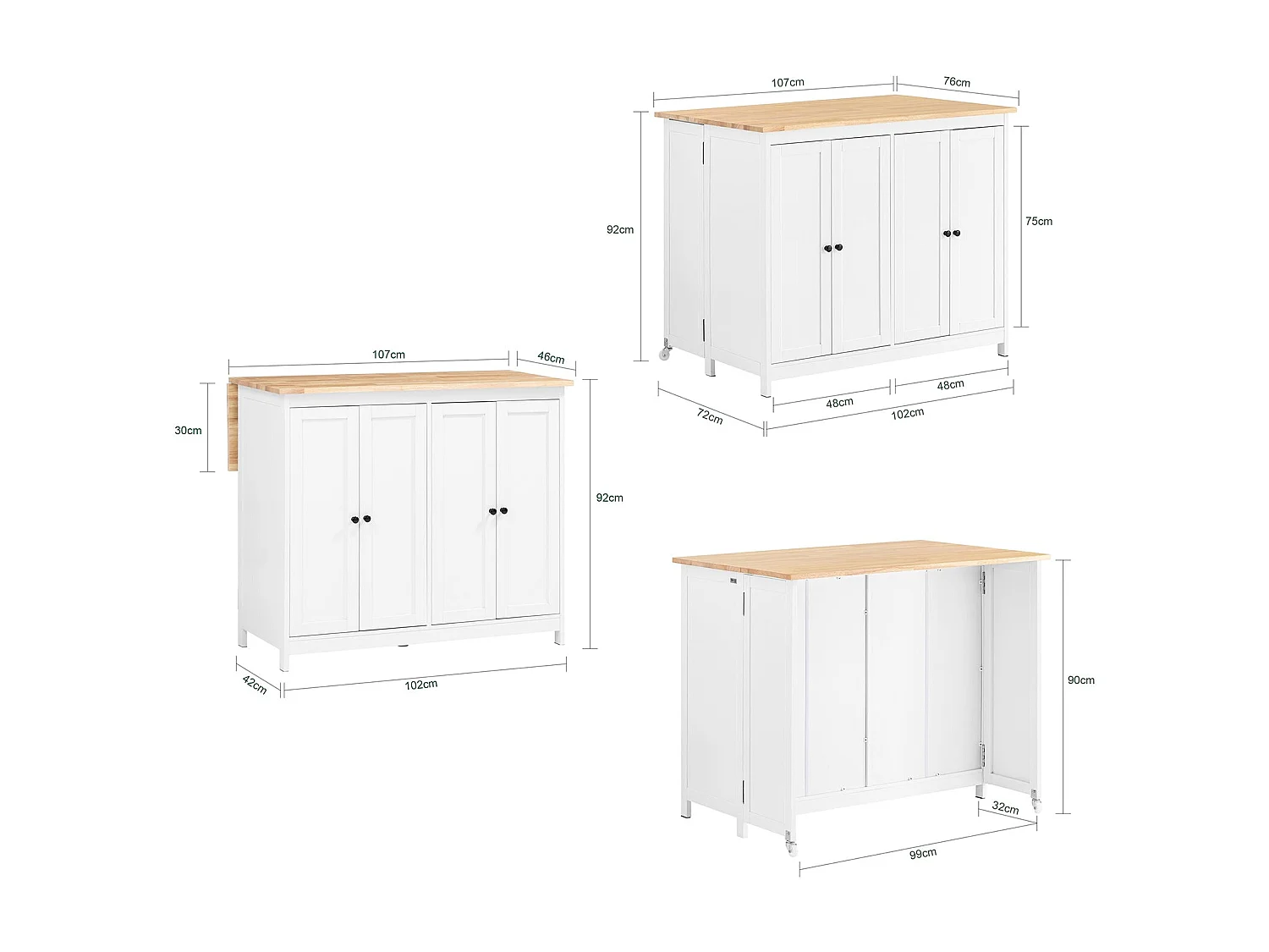SoBuy îlot Central de Cuisine Buffet de Rangement Mange-Debout Placard de Cuisine avec Plans de Travail Rabattable 2 armoires 4 Portes, 102x72x92 cm, Blanc KNL10-WN