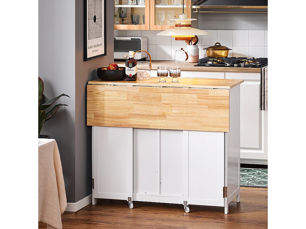 SoBuy îlot Central de Cuisine Buffet de Rangement Mange-Debout Placard de Cuisine avec Plans de Travail Rabattable 2 armoires 4 Portes, 102x72x92 cm, Blanc KNL10-WN