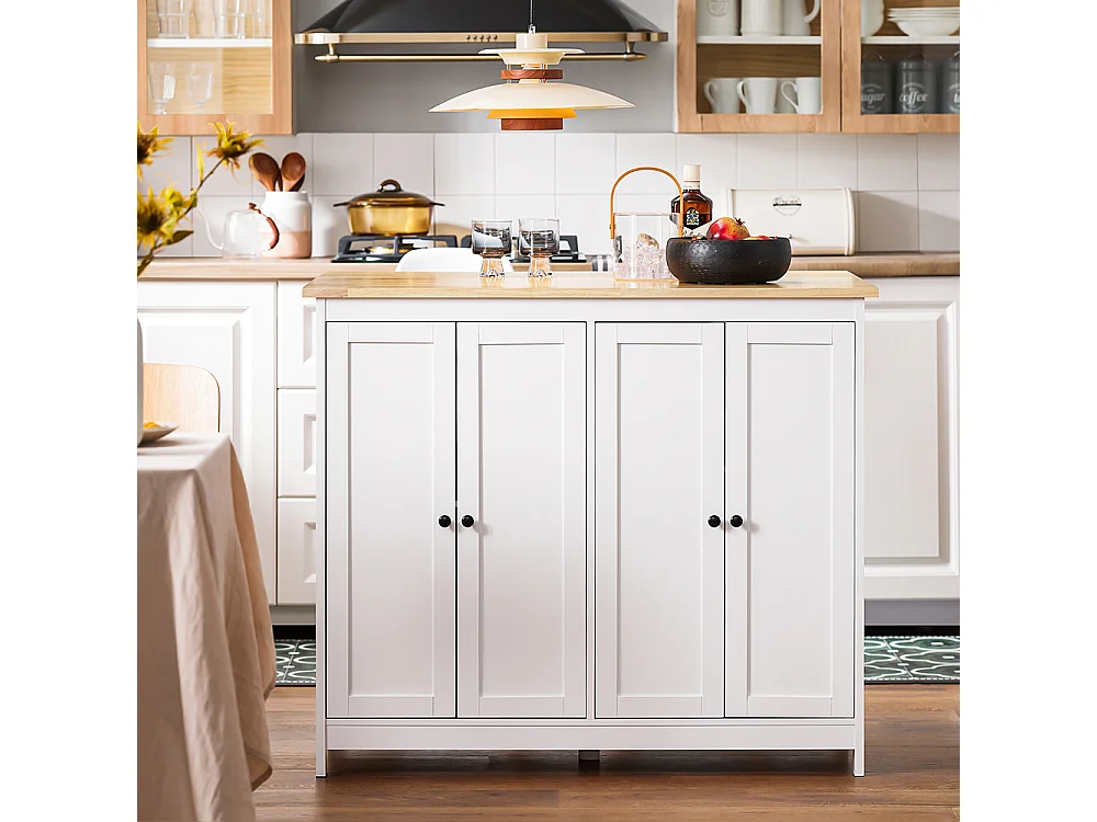 SoBuy îlot Central de Cuisine Buffet de Rangement Mange-Debout Placard de Cuisine avec Plans de Travail Rabattable 2 armoires 4 Portes, 102x72x92 cm, Blanc KNL10-WN