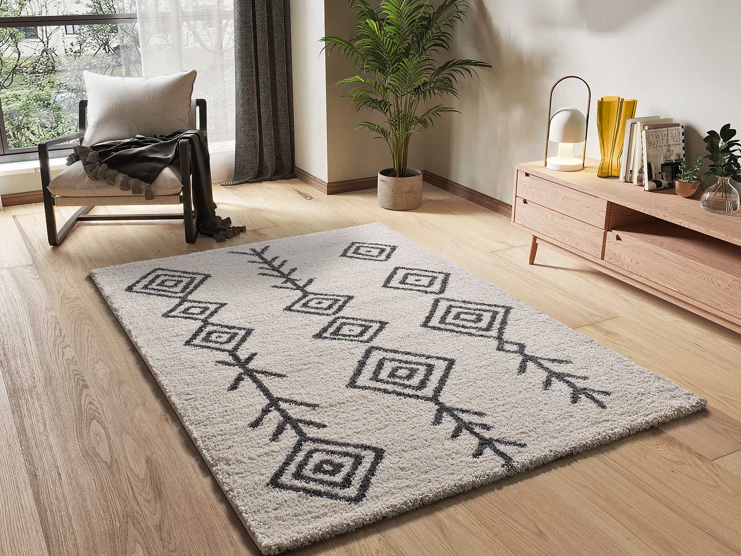Hochflorteppich - ethnisch shaggy - weiß - 80x150 cm - ATLAS