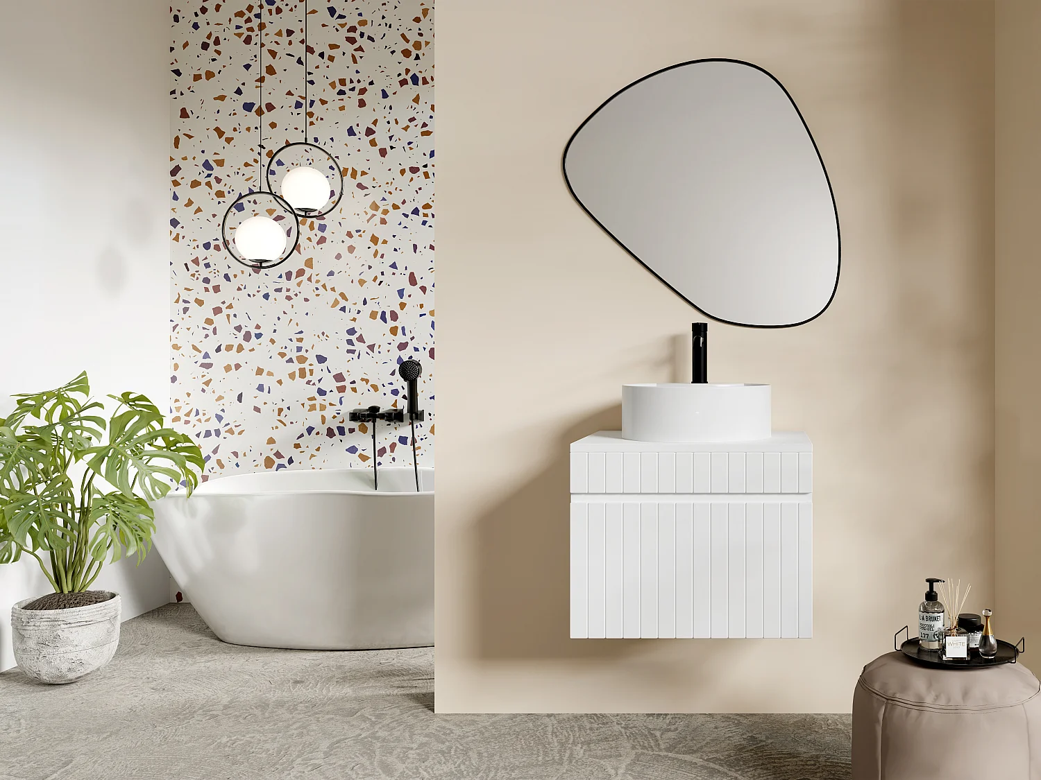 Meuble de salle de bain suspendu strié blanc avec vasque ronde à poser - 60 cm - SATARA