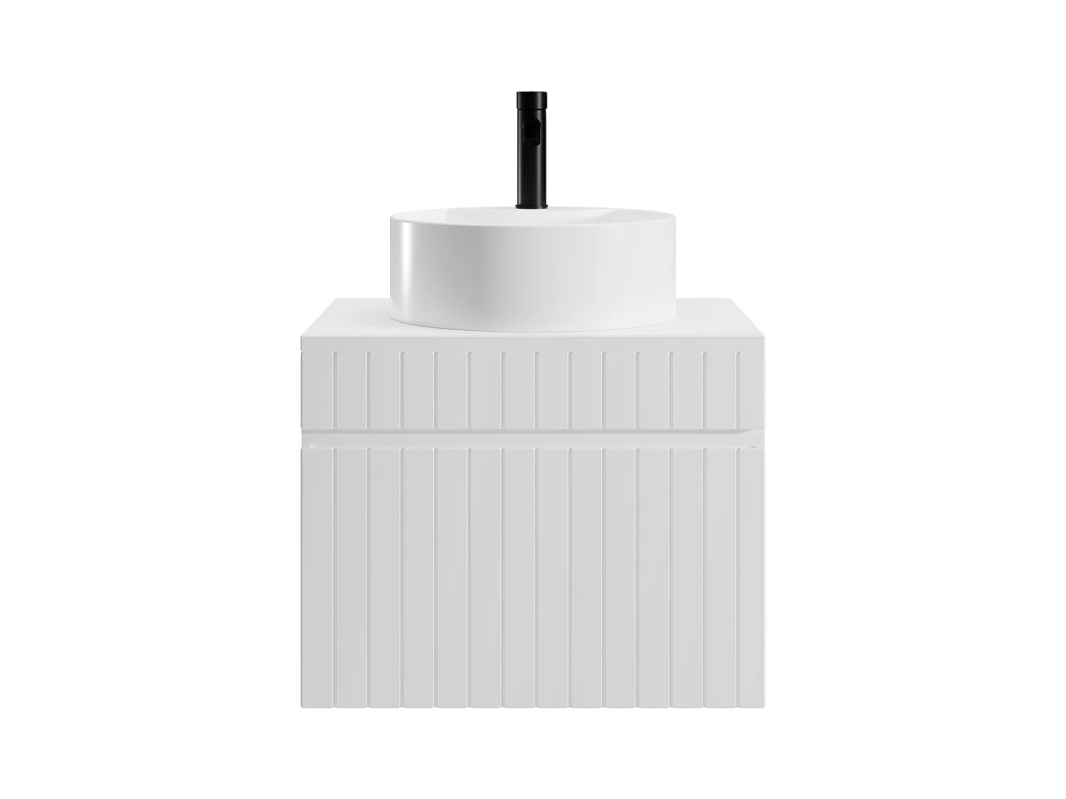 Meuble de salle de bain suspendu strié blanc avec vasque ronde à poser - 60 cm - SATARA