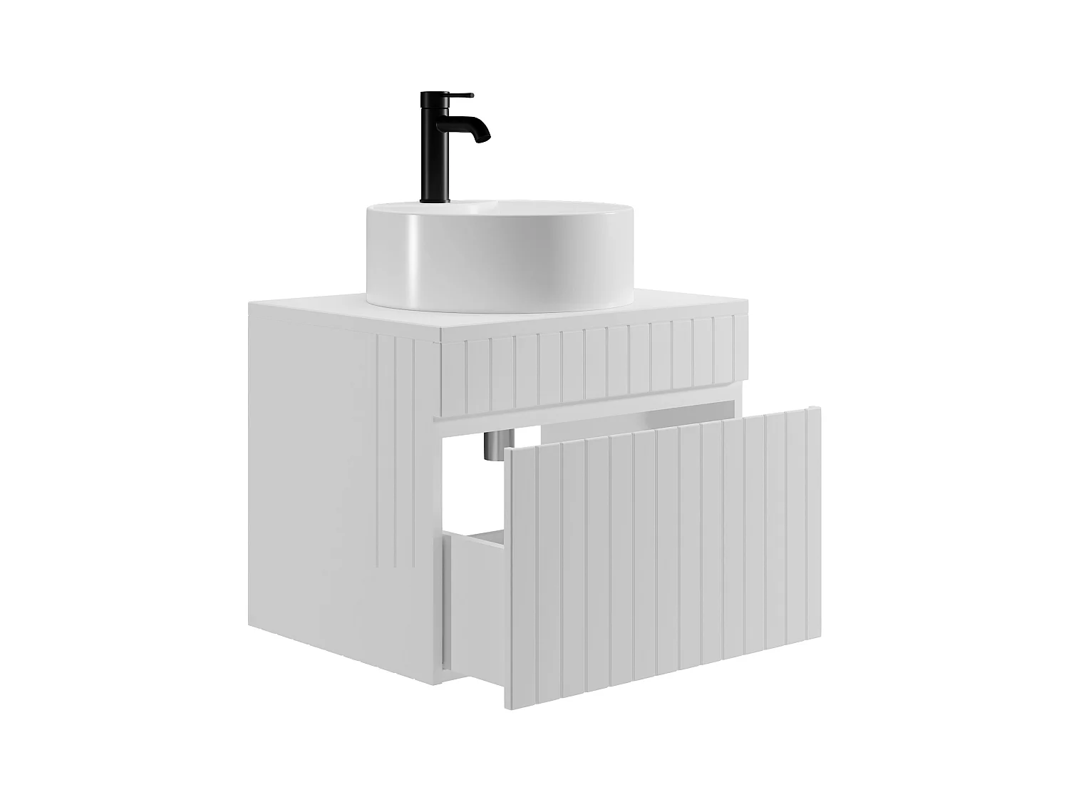 Meuble de salle de bain suspendu strié blanc avec vasque ronde à poser - 60 cm - SATARA