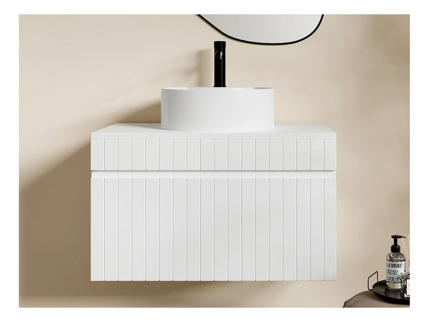 Meuble de salle de bain suspendu strié blanc avec vasque ronde à poser - 80 cm - SATARA
