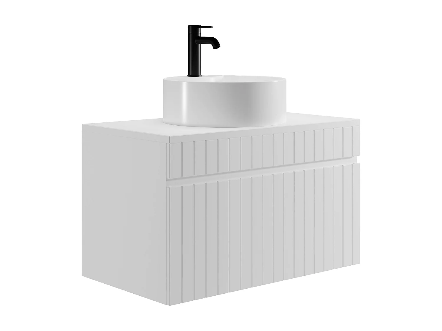 Meuble de salle de bain suspendu strié blanc avec vasque ronde à poser - 80 cm - SATARA